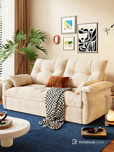 Beige Multi Person Velvet Sofa With Throw Pillows Checkered Blanket And Green Plant 3d model 