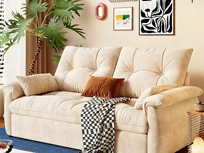 Beige Multi Person Velvet Sofa With Throw Pillows Checkered Blanket And Green Plant 3d model