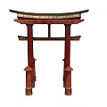 Traditional Japanese Red Wooden Torii Gate Structure With Roof And Pillars