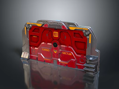 Red Sector Caution Door With Metal Frame Yellow Warning Stripes And Futuristic Design 3d model