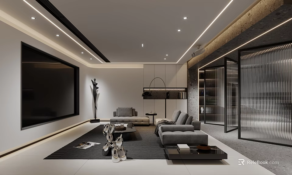 Modern Basement Interior Design With Stylish Furniture And Recessed Lighting 3d model 