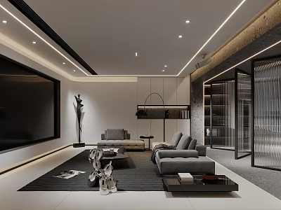 Modern Basement Interior Design With Stylish Furniture And Recessed Lighting 3d model