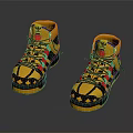 Yellow High-top Shoes With Colorful Laces Geometric Patterns And Red Logo