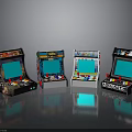 Classic Arcade Machines With Four Units Blue Screens And Colorful Graphics