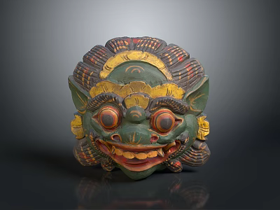 Traditional Green Cultural Mask With Yellow Decorations And Red Eyes Artifact 3d model