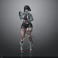 Anime 3D Rendered Female Character With Black Short Hair Blue Coat Shorts Boots And Tail