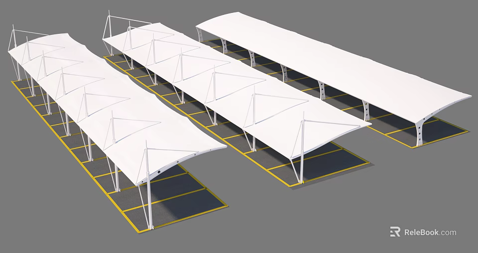 White Canopies Covering Multiple Outdoor Parking Spaces With Support Structures 3d model 
