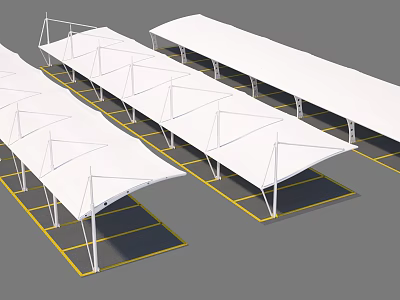 White Canopies Covering Multiple Outdoor Parking Spaces With Support Structures 3d model