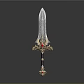 Ornate Sword With Feather Like Blade Golden Hilt And Red Gemstone On Dark Background