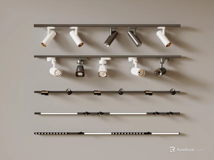 Downlights and Spotlights on Track Rails with Different Colors and Styles for Interior Lighting Design 3d model 