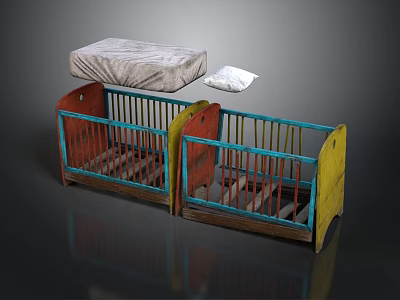 Children's Colorful Wooden Beds With Red Yellow Rails Mattress And Pillow 3d model