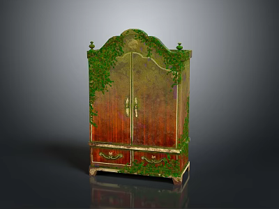 Antique Wooden Cabinet With Carved Design And Green Vine Decoration For Home Storage 3d model