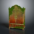 Antique Wooden Cabinet With Carved Design And Green Vine Decoration For Home Storage