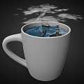 Cartoon Scene Inside White Cup With Blue Ocean Small Boat Dolphin And Lighthouse Under Clouds