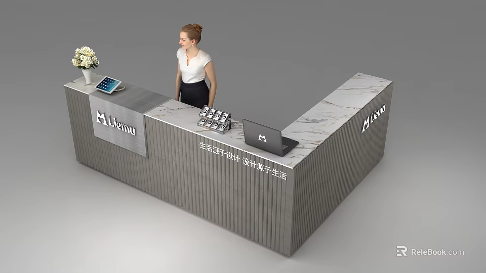 Modern Reception Desk With Marble Countertop Tablet Laptop White Flowers And M Group Logo 3d model 