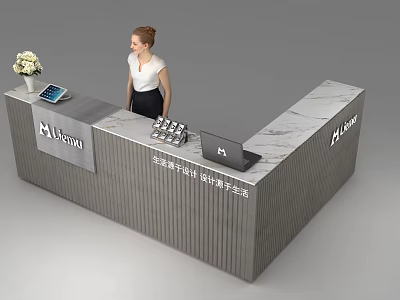 Modern Reception Desk With Marble Countertop Tablet Laptop White Flowers And M Group Logo 3d model