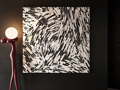Black And White Abstract Painting With Dynamic Brush Strokes On Wall With Red Floor Lamp 3d model