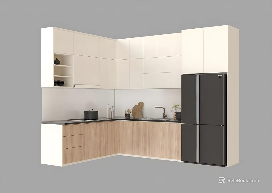 Modern Kitchen Interior With White Wooden Cabinets Black Refrigerator Dark Countertop And Faucet 3d model 