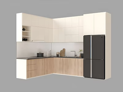 Modern Kitchen Interior With White Wooden Cabinets Black Refrigerator Dark Countertop And Faucet 3d model