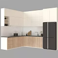Modern Kitchen Interior With White Wooden Cabinets Black Refrigerator Dark Countertop And Faucet