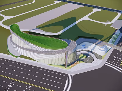 Modern Sales Office Building With Curved Green Roof And Landscaped Surroundings 3d model