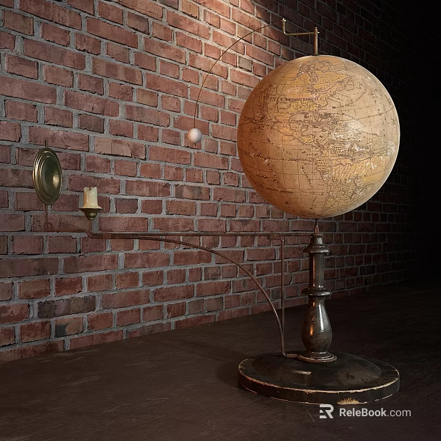 Vintage Wall Decor On Red Brick Wall With Globe And Candle Sconce 3d model 