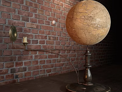Vintage Wall Decor On Red Brick Wall With Globe And Candle Sconce 3d model