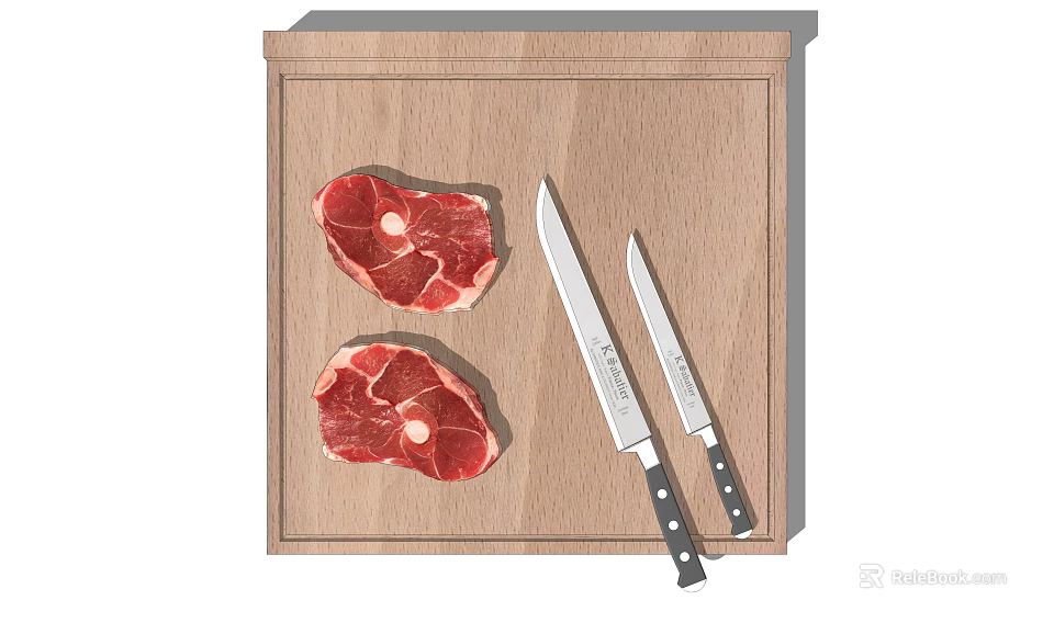Practical Kitchen Tools With Wooden Cutting Board Two Knives And Raw Meat 3d model 