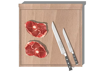 Practical Kitchen Tools With Wooden Cutting Board Two Knives And Raw Meat 3d model