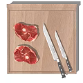 Practical Kitchen Tools With Wooden Cutting Board Two Knives And Raw Meat