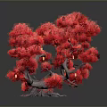 Vibrant Red Bonsai Plant with Unique Twisted Roots and Foliage on Gray Background