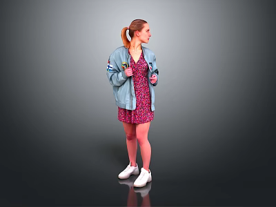 Woman With Ponytail In Light Blue Denim Jacket Pink Floral Dress White Sneakers 3d model