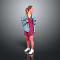Woman With Ponytail In Light Blue Denim Jacket Pink Floral Dress White Sneakers
