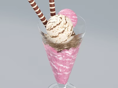 Swirled Ice Cream Scoop In Pink Cone Glass Cup With Chocolate Striped Sticks 3d model