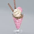Swirled Ice Cream Scoop In Pink Cone Glass Cup With Chocolate Striped Sticks