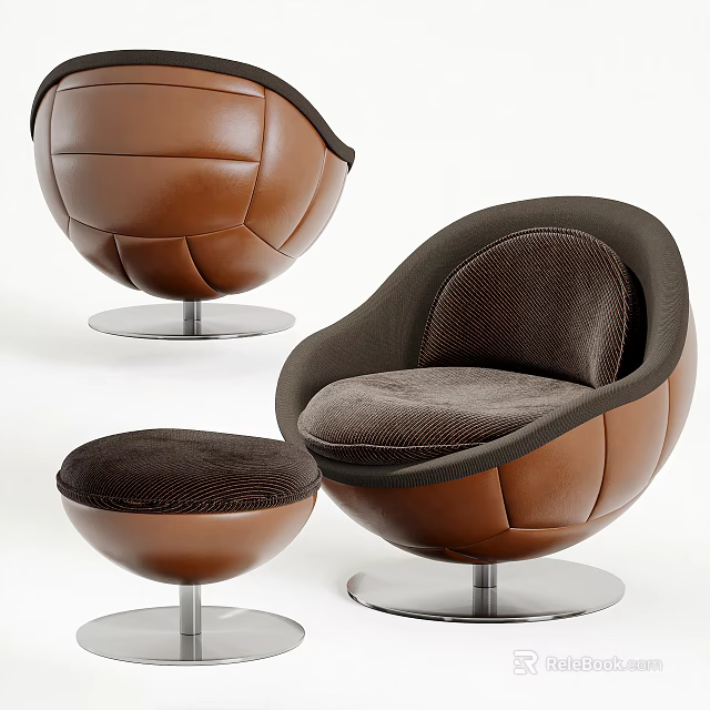 Stylish Brown Leather Single Sofa With Round Design And Matching Ottoman Metal Base 3d model 
