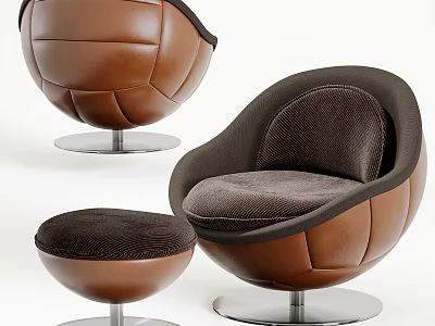 Stylish Brown Leather Single Sofa With Round Design And Matching Ottoman Metal Base 3d model
