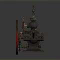 Vintage Steam Engine Equipment With Large Red Wheel And Metal Pipes