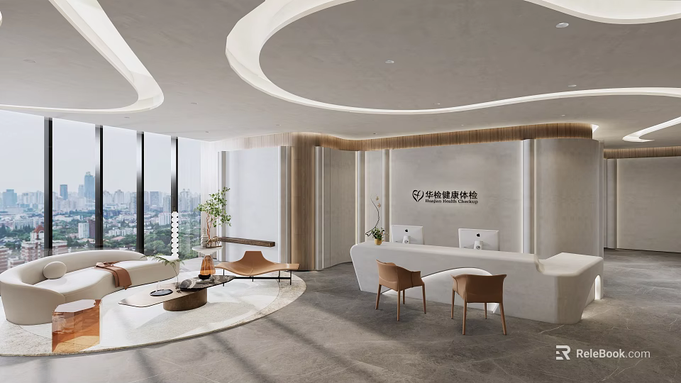 Modern Hospital Outpatient Hall With Reception Desk Sofas Green Plants And Floor To Ceiling Windows 3d model 