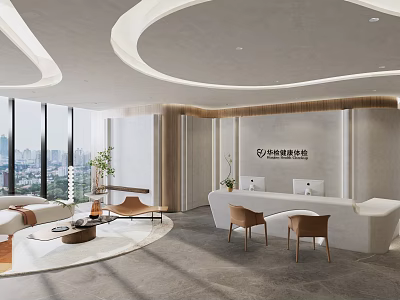 Modern Hospital Outpatient Hall With Reception Desk Sofas Green Plants And Floor To Ceiling Windows 3d model