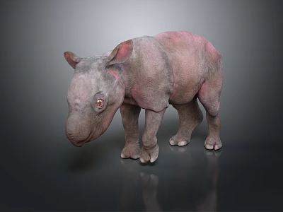 3D Rendered Baby Rhinoceros With Pinkish Gray Appearance On Dark Reflective Surface 3d model