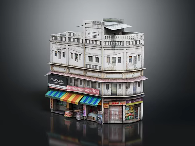Traditional Two Story Commercial Building With Balconies And Colorful Storefront Awnings 3d model