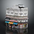 Traditional Two Story Commercial Building With Balconies And Colorful Storefront Awnings