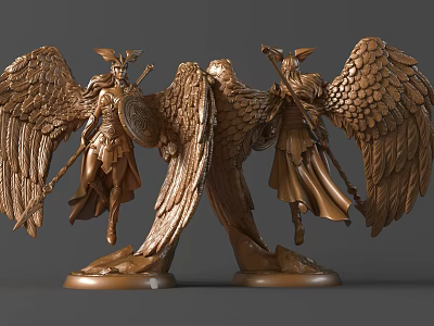 Intricate Bronze Winged Female Sculptures With Spears Shields And Artistic Design 3d model