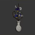 Decorative Silver Vase With Purple Flowers Brown Vine And Transparent Beads
