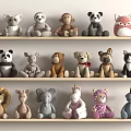 Cute Stuffed Animals Collection Displayed On Three Shelves With Various Animal Designs