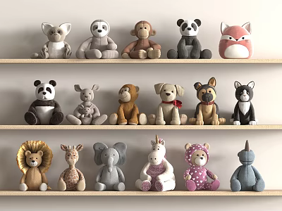 Cute Stuffed Animals Collection Displayed On Three Shelves With Various Animal Designs 3d model