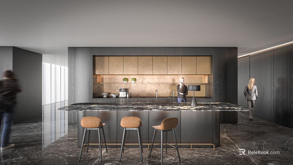 Elegant Modern Pantry Interior With Marble Countertop Bar Stools And Cabinets 3d model 