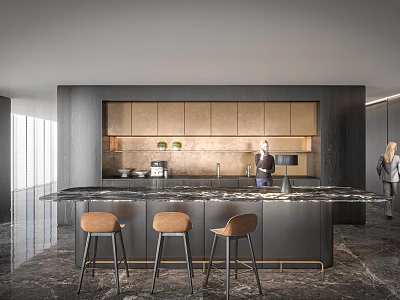 Elegant Modern Pantry Interior With Marble Countertop Bar Stools And Cabinets 3d model