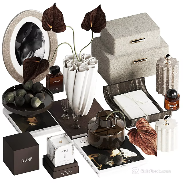Elegant Modern Decorative Ornament Collection With Vase Perfume Bottles Plates Books And Storage Boxes 3d model 